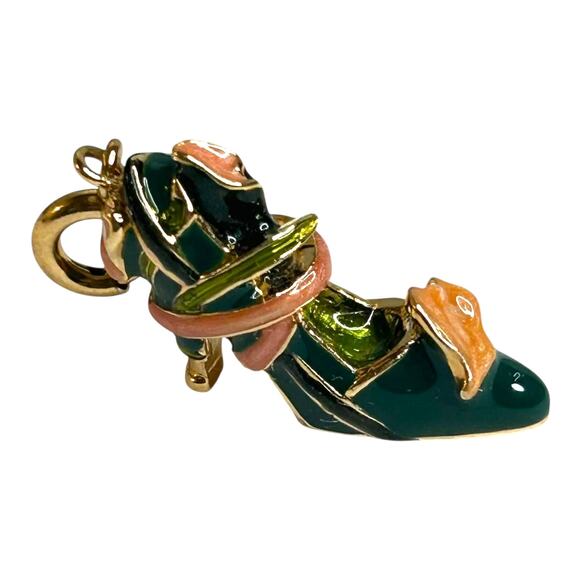 Kenneth Jay Lane (KJL) Calla Lily Enamel High Heel Shoe Charm Green Pink Gold - Picture 2 of 8